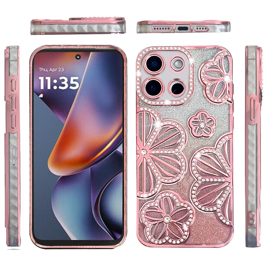For Samsung Galaxy A16 Luxury Flower Design Sparkle Glitter Diamond Rhinestone Shimmer Bling Plating Thick TPU Hard PC Case Cover