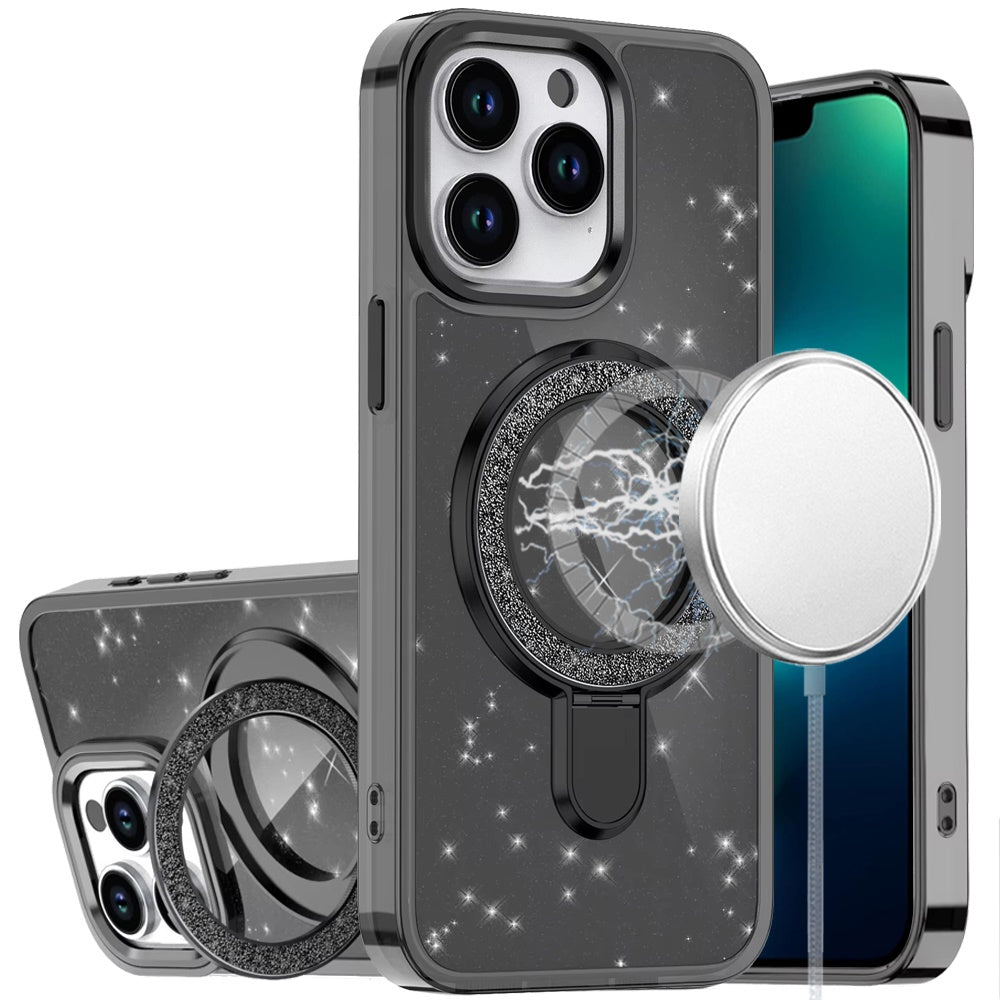 For Samsung Galaxy A16 5G Transparent Glitter Bling Case with Rotating Magnetic Ring Stand, Shockproof Hybrid Case Cover