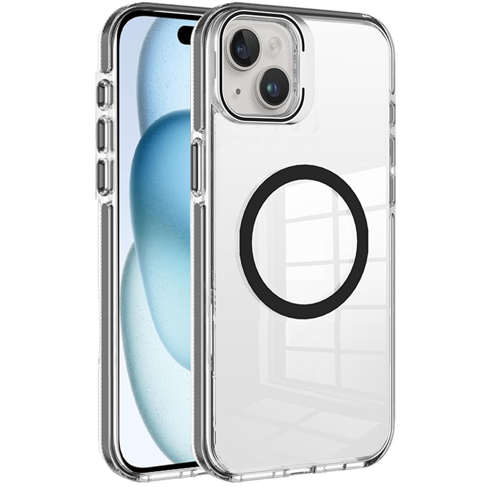 For Samsung Galaxy A06 Built-in Camera Kick-Stand, Compatible with MagSafe, Transparent Colorful Edged Tough Hybrid TPU Case Cover Clear Black