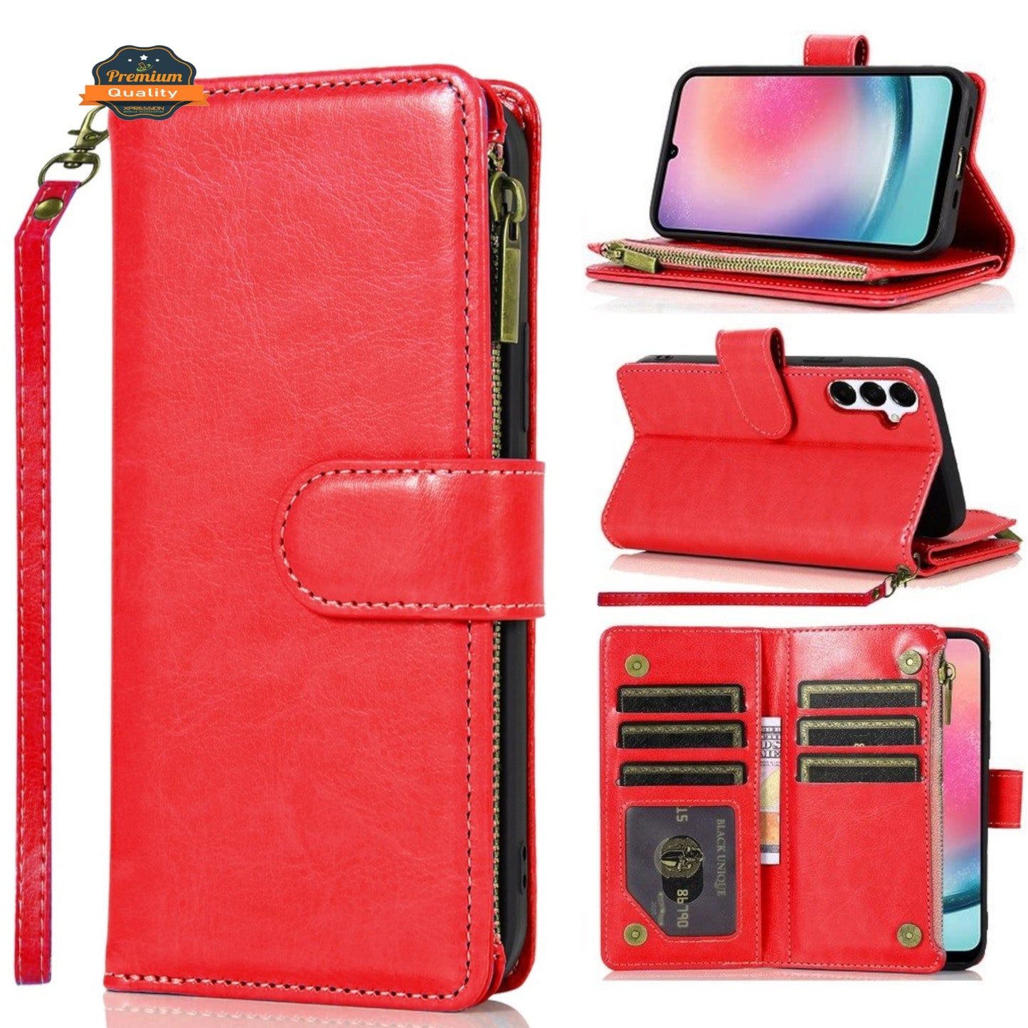 For Motorola Moto G Stylus 5G 2025 Leather Wallet Case with Zipper, 9 Card Slots, Cash Pocket, Stand & Strap, Clutch Pouch Design Case Cover Red