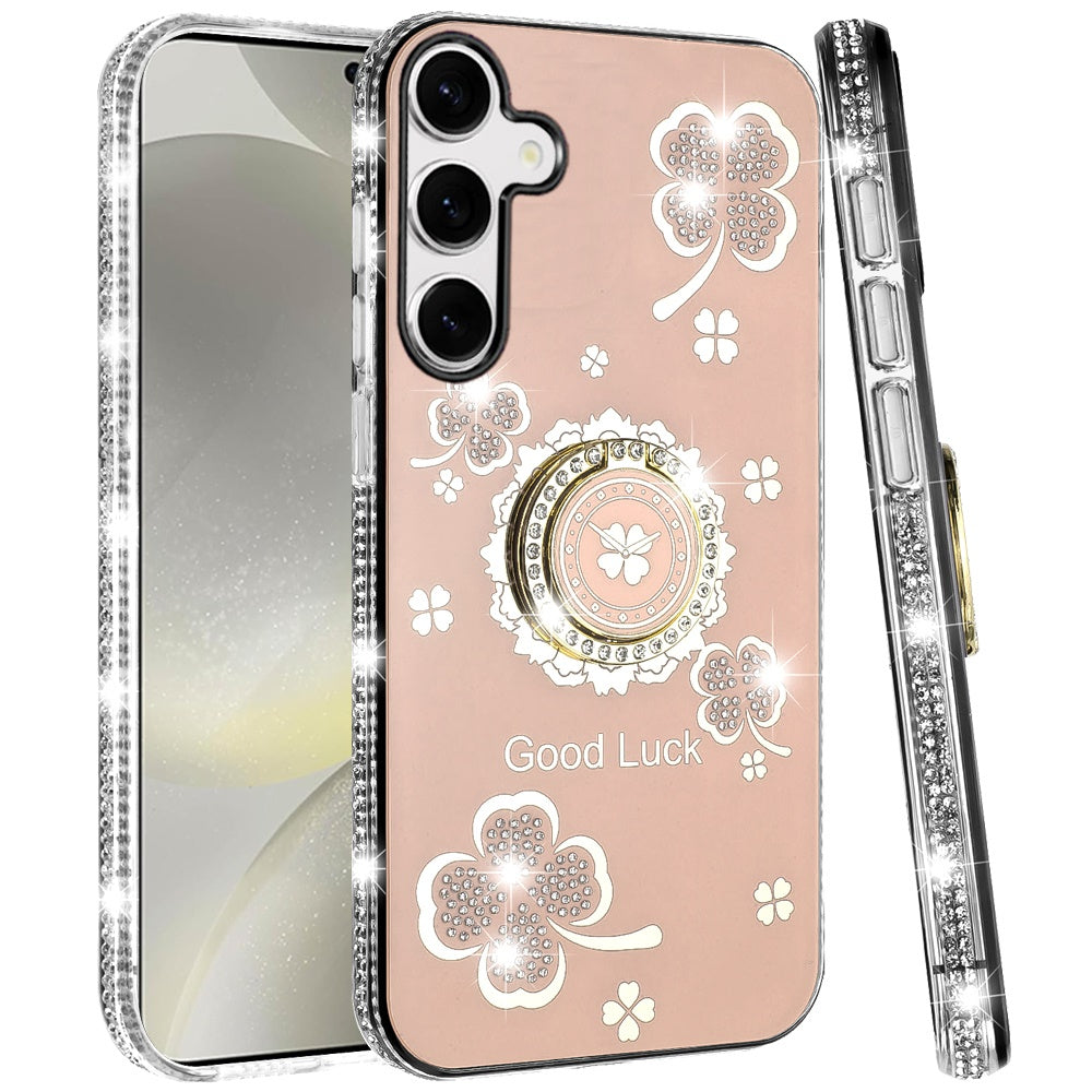 For Samsung Galaxy S25+ /S25 Plus /S24+ Plus Diamonds Bling All Around Edges Sparkly Glitter Hybrid with Ring Stand Holder Fashion Good Luck Case Cover