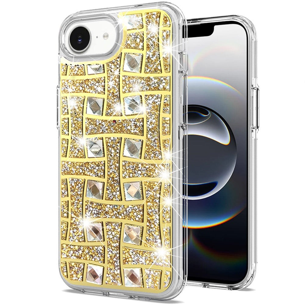 For Apple iPhone 16e Sparkly 3D Design Diamond Shockproof Protective Bling Glitter Rhinestone Hybrid Skin PC & TPU Case Cover