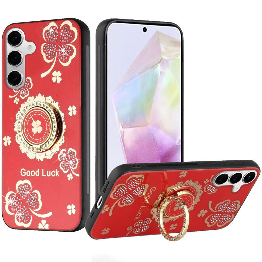 For Samsung Galaxy Z Fold 7 Diamonds 3D Fashion Floral Bling Sparkly Glitter Ornaments Engraving Hybrid with Ring Stand Case Cover Red Good Luck Floral