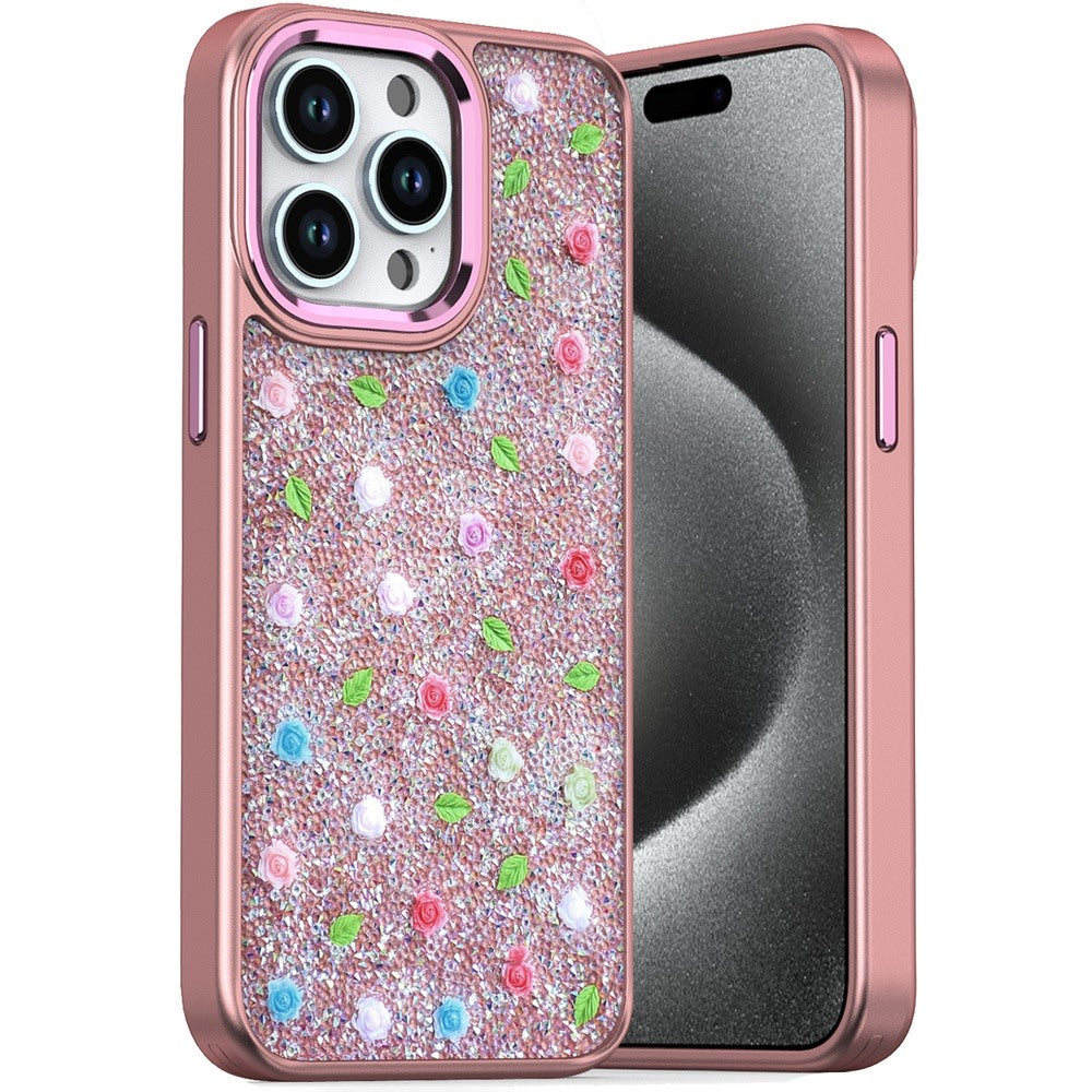 For Samsung Galaxy A06 Floral Design Embedded Glass Diamond Fancy Fashion Glitter Bling Sparkly Hybrid Rugged TPU Bumper Case Cover