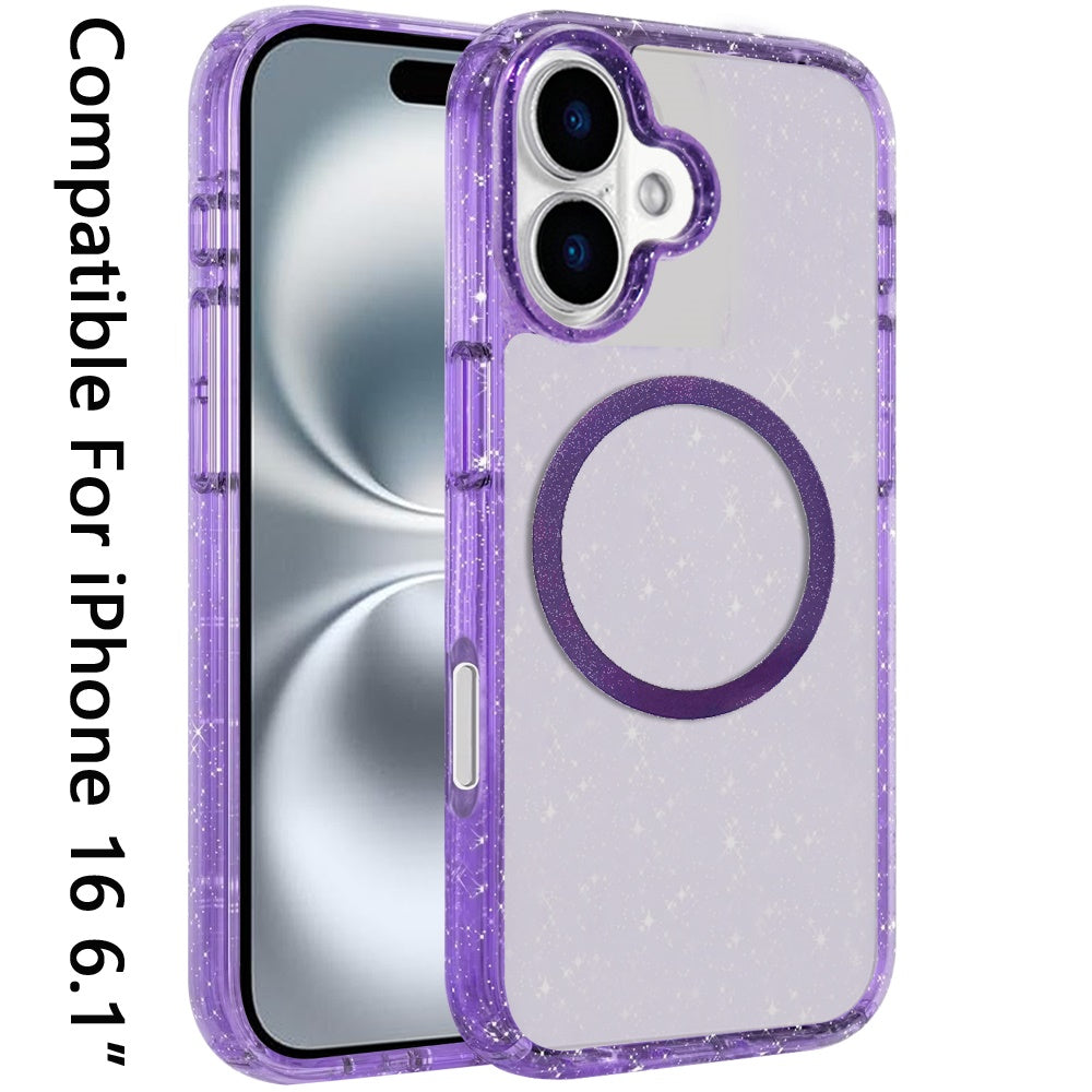 For Apple iPhone 16 (6.1") Transparent Glitter Bling Sparkly Shiny Case Hybrid Magnetic Circle Compatible with MagSafe Shockproof Case Cover