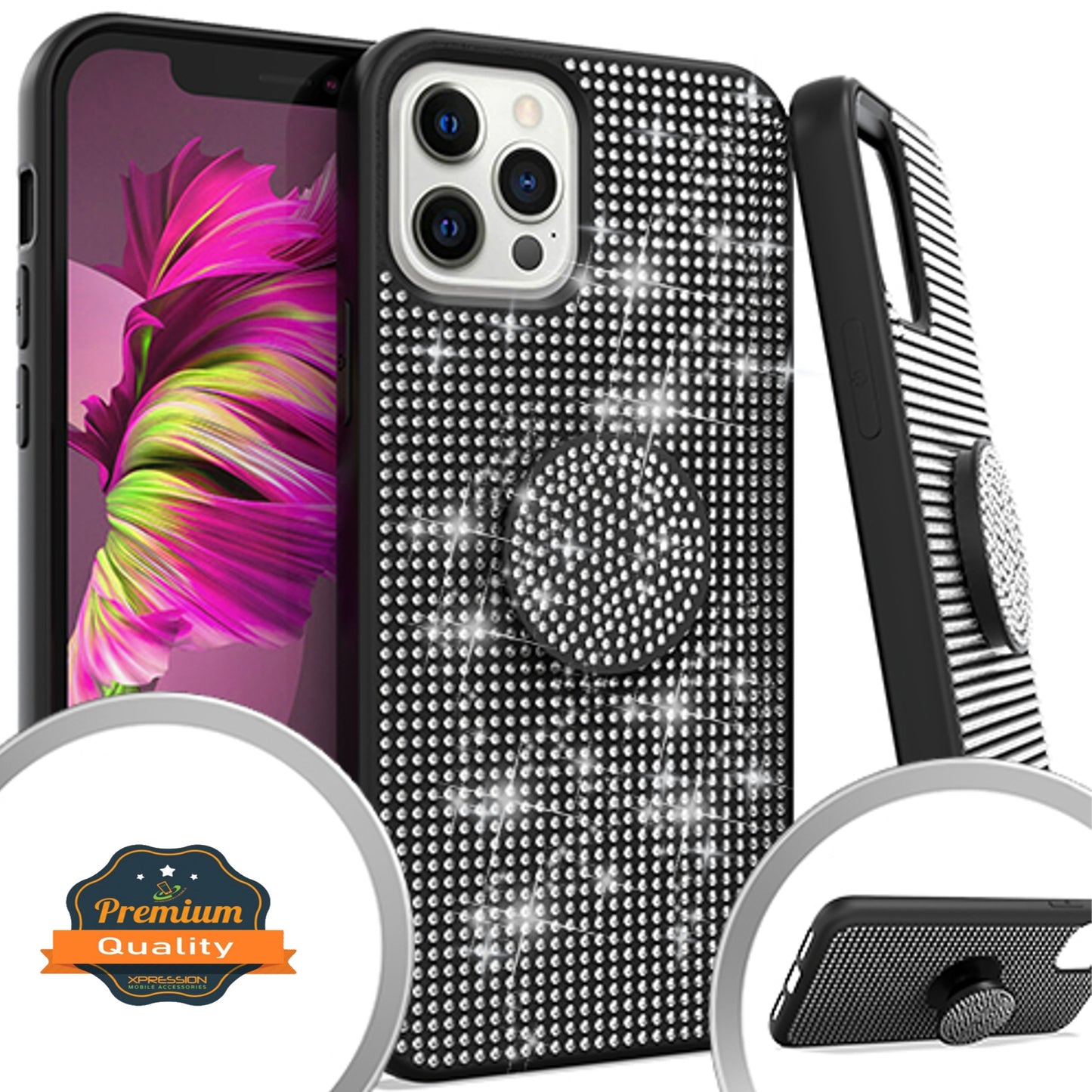 For Apple iPhone 15 Plus (6.7") Luxury Glitter Sparkle Bling Rugged Hybrid with Collapsible Stand Ring Holder Hard Shell Phone Case Cover
