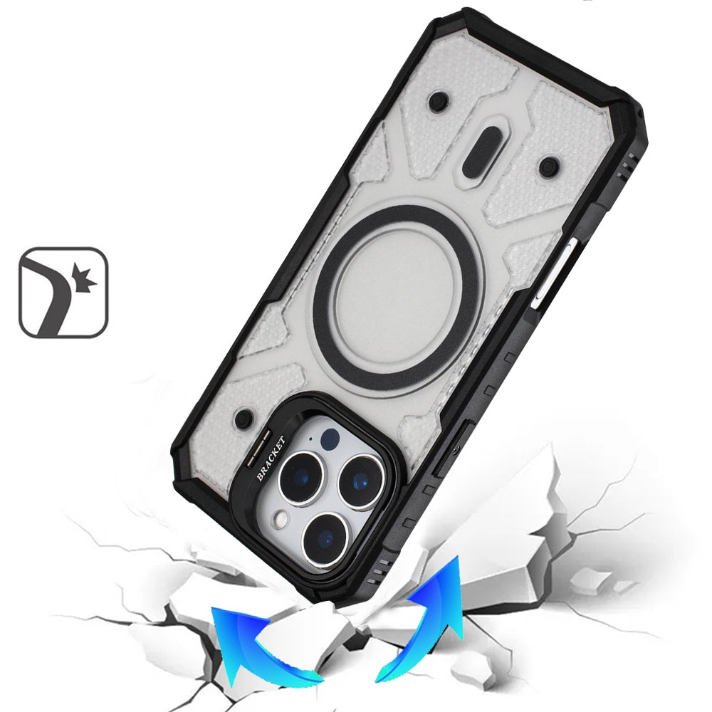 For Apple iPhone 16 Pro Max Transparent Tough Dotted Magnetic Case with Camera Stand & Hybrid Grip Shockproof Case Cover