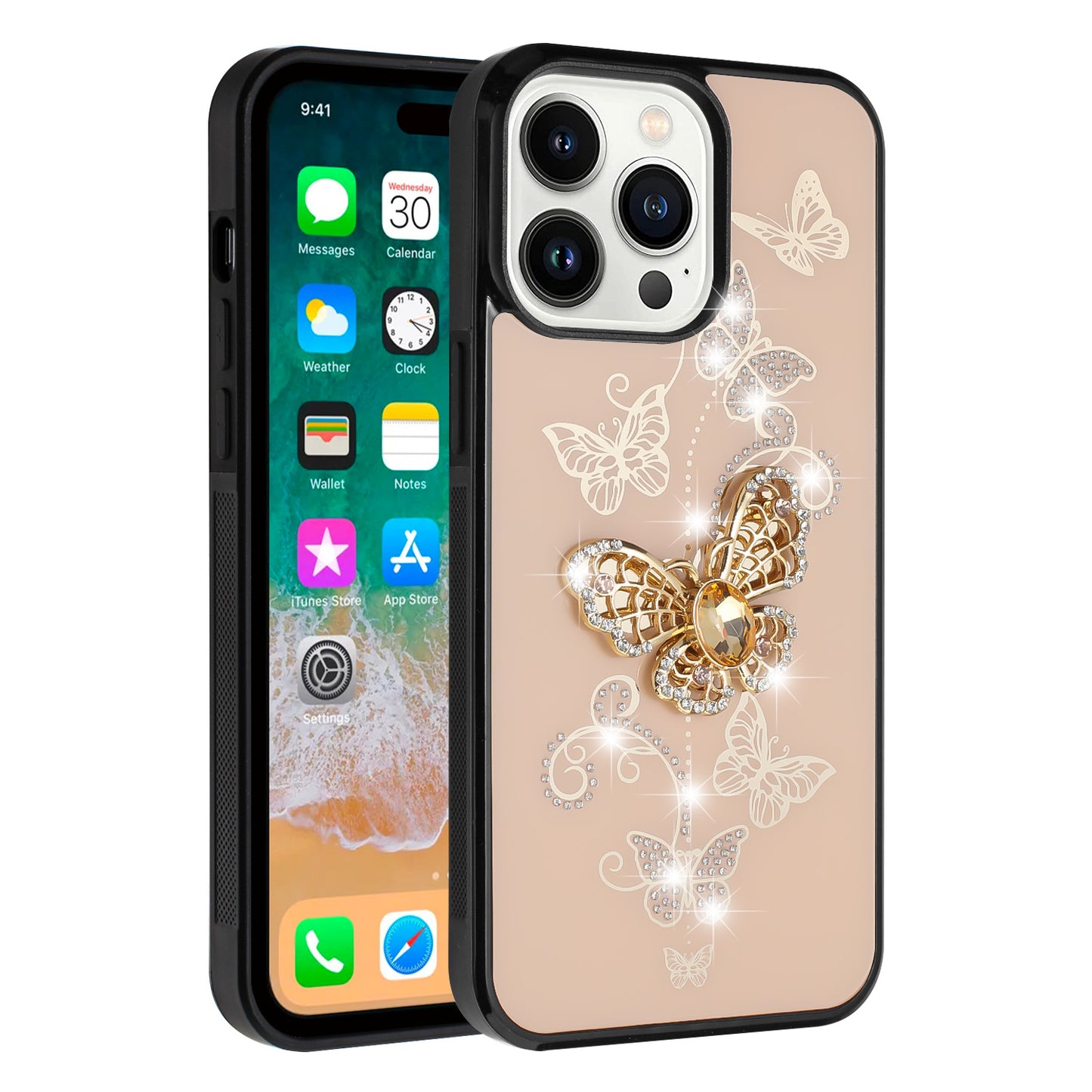 For Apple iPhone 16 Pro Max (6.9") Diamonds 3D Bling Sparkly Glitter Ornaments Engraving Hybrid Fashion Ring Stand Case Cover