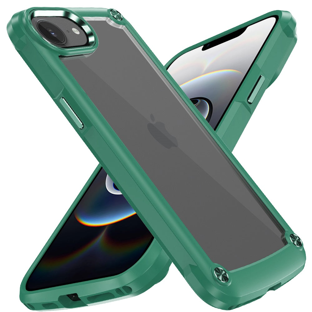 For Apple iPhone 16e Hybrid Transparent Rubber with Metal Buttons & Camera Edges Hard TPU Corner Frame Bumper Case Cover