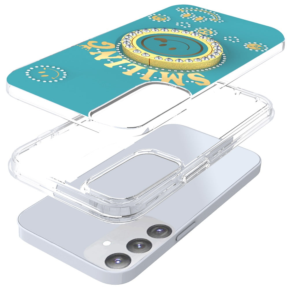 For Samsung Galaxy A16 5G Smiling Glitter Ornament Bling Sparkle with Ring Stand Hybrid Slim TPU + Hard Back Shell Case Cover