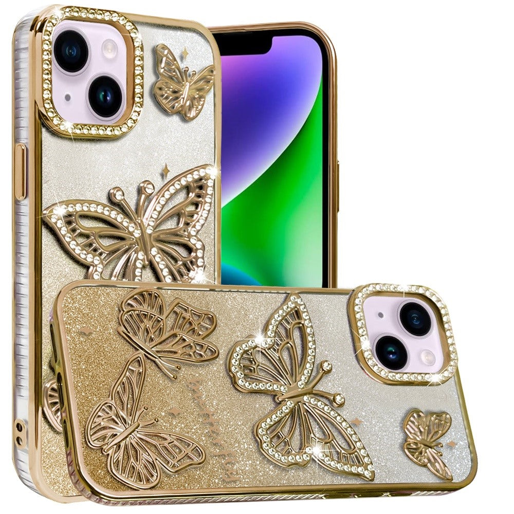 For Apple iPhone 16 Pro Max (6.9") Luxury Butterfly Sparkle Glitter Diamond Crystal Rhinestone Shimmer Bling Plating Thick TPU Hard PC Case Cover