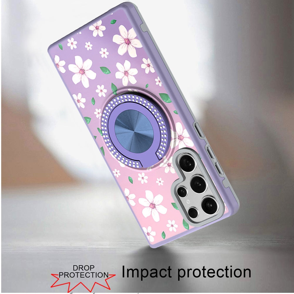 For Samsung Galaxy S23 Ultra Pattern Design Hybrid with Invisible Ring Stand & Magnetic Back, Shockproof Protective Grip Case Cover