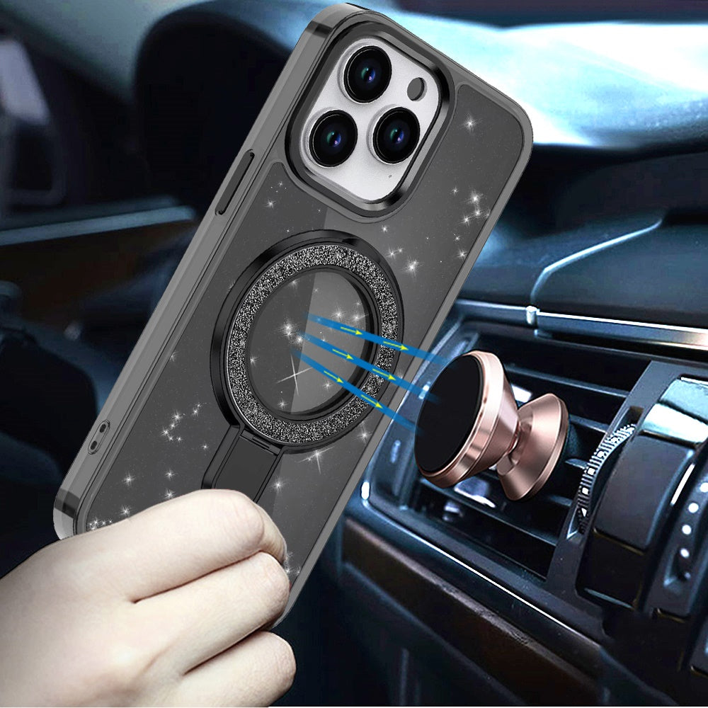 For Samsung Galaxy S25 Fan Edition /Galaxy S25 FE Transparent Glitter Bling Case with Rotating Magnetic Ring Stand, Shockproof Hybrid Case Cover Black