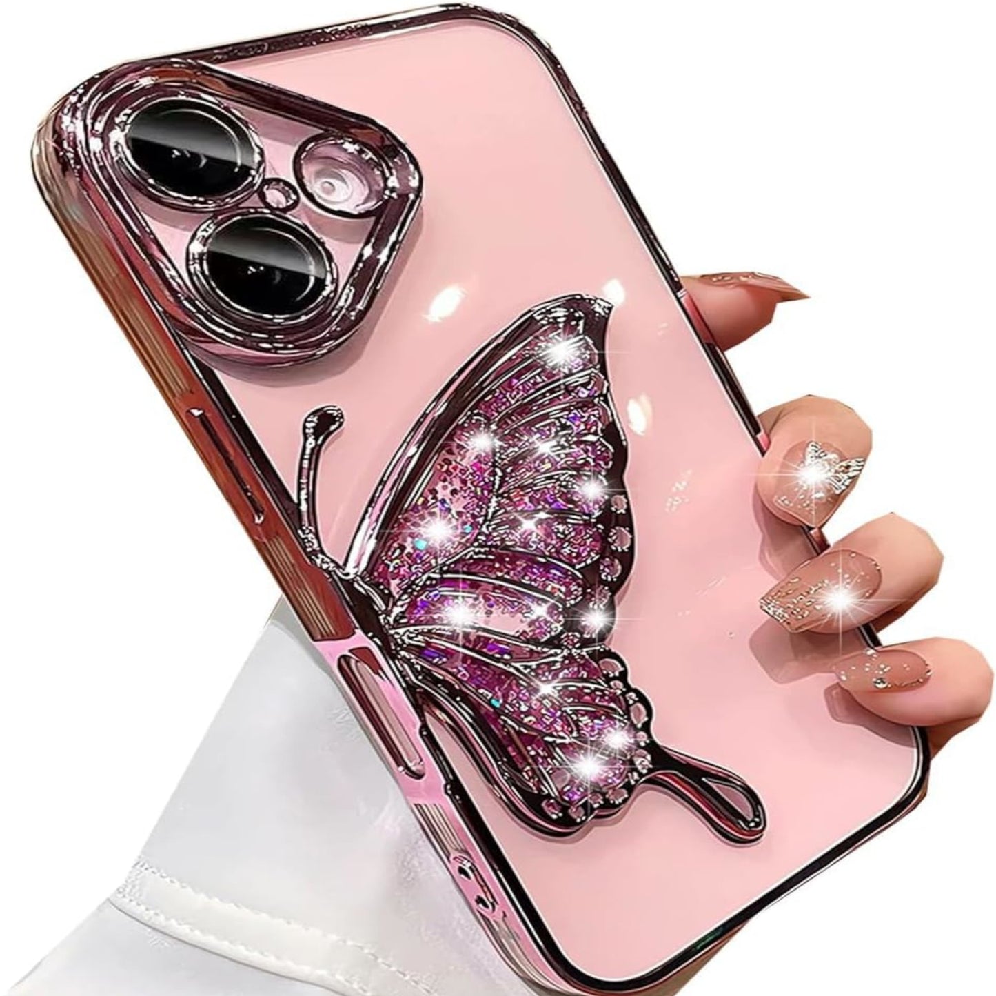 For Samsung Galaxy A16 Glitter 3D Butterfly Bling Case, Chrome Electroplate Sparkle Liquid Flowing Plating Hybrid Bumper Case Cover