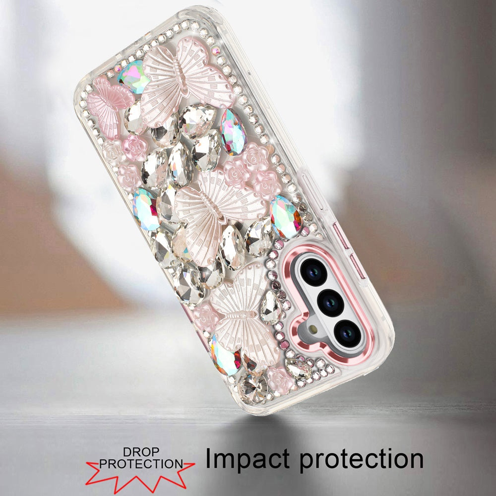 For Samsung Galaxy A16 3D Diamond Floral Butterfly Bling Stone Hybrid, Sparkly Rhinestone Gemstone Back Shockproof Case Cover