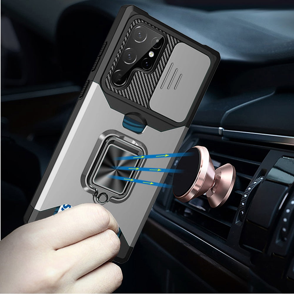 For Apple iPhone 16e Wallet Case with Ring Stand & Slide Camera Cover Back Credit Card Slot Holder, Military Grade Case Cover Silver