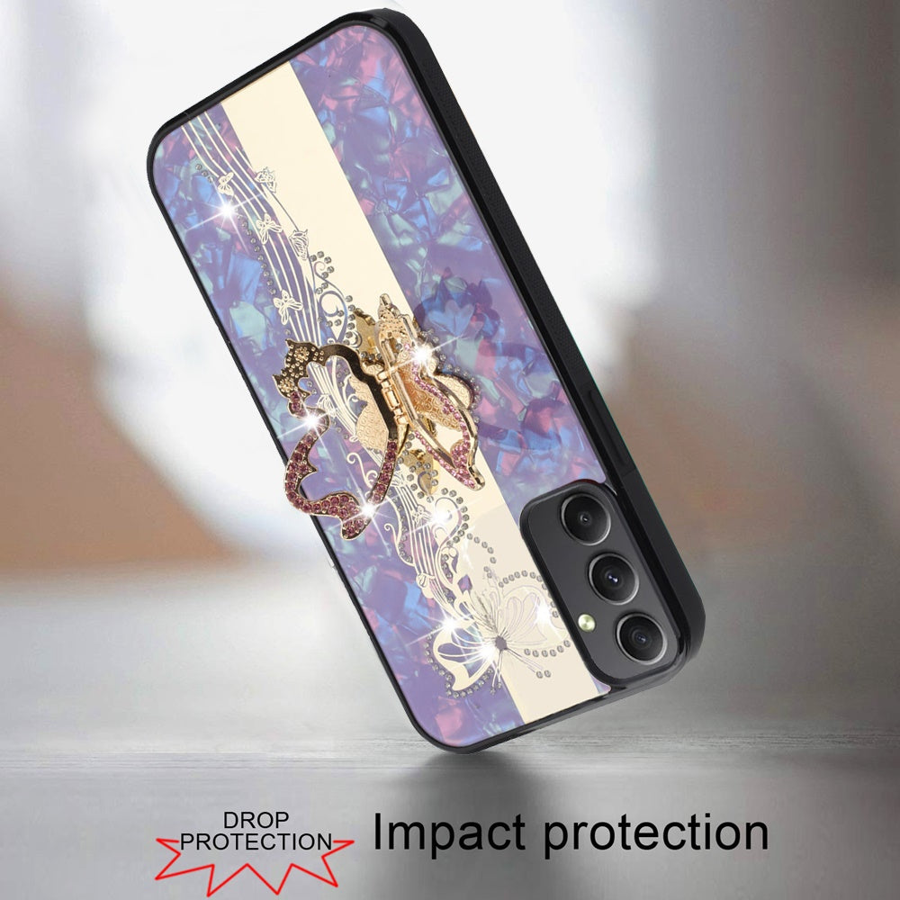 For Samsung Galaxy A06 Diamonds 3D Butterfly Bling Sparkly Glitter Ornaments Engraving Hybrid with Ring Stand Fashion Case Cover Enchanted Butterfly Purple