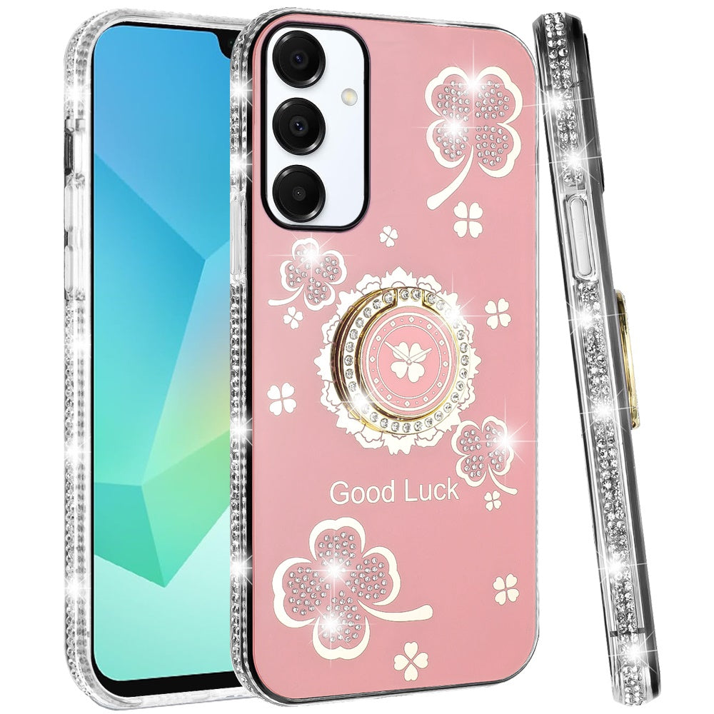 For Samsung Galaxy A16 5G Diamonds Bling All Around Edges Sparkly Glitter Hybrid with Ring Stand Holder Fashion Good Luck Case Cover