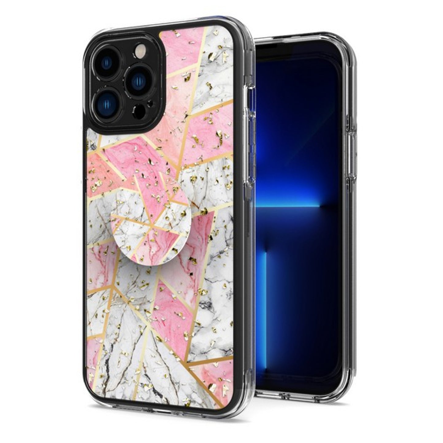 For Apple iPhone 15 Pro Max (6.7") Elegant Pattern Design Bling Glitter Hybrid Ring Stand Pop Up Finger Holder Kickstand Phone Case Cover