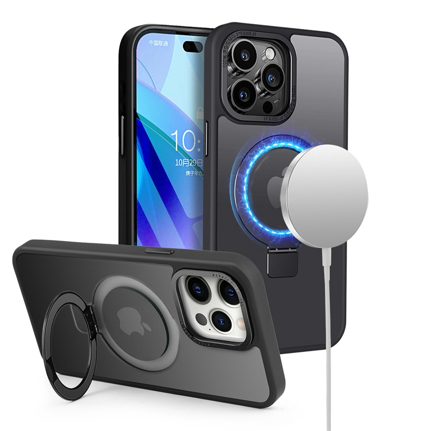For Apple iPhone 16 (6.1") Magnetic Metal Matte Built-in Compatible with MagSafe Stand Hybrid Shock Armor TPU Case Cover