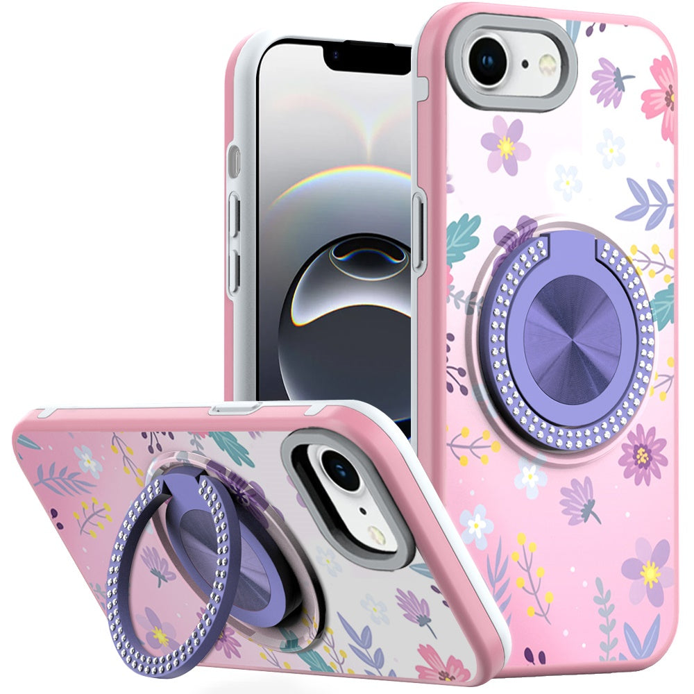 For Apple iPhone 16e Pattern Design Hybrid with Invisible Ring Stand & Magnetic Back, Shockproof Protective Grip Case Cover