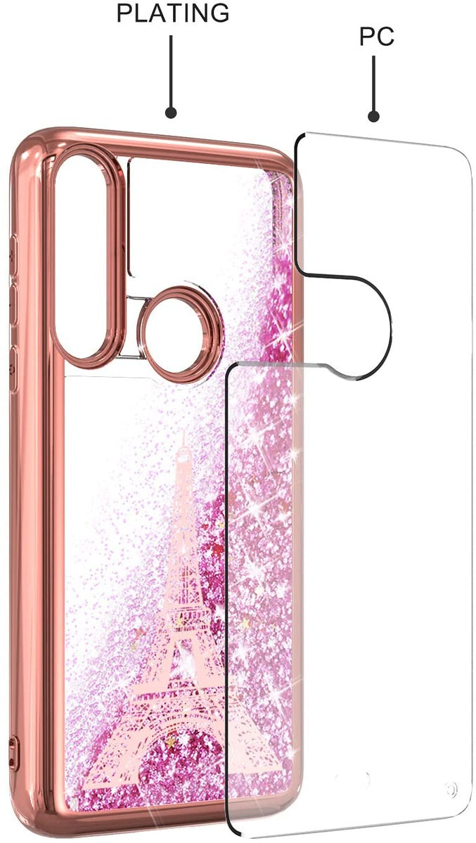 For Apple iPhone 15 Plus (6.7") Quicksand Liquid Glitter Bling Flowing Sparkle Fashion Hybrid TPU Chrome Plating Hard Paris Eiffel Tower Phone Case Cover