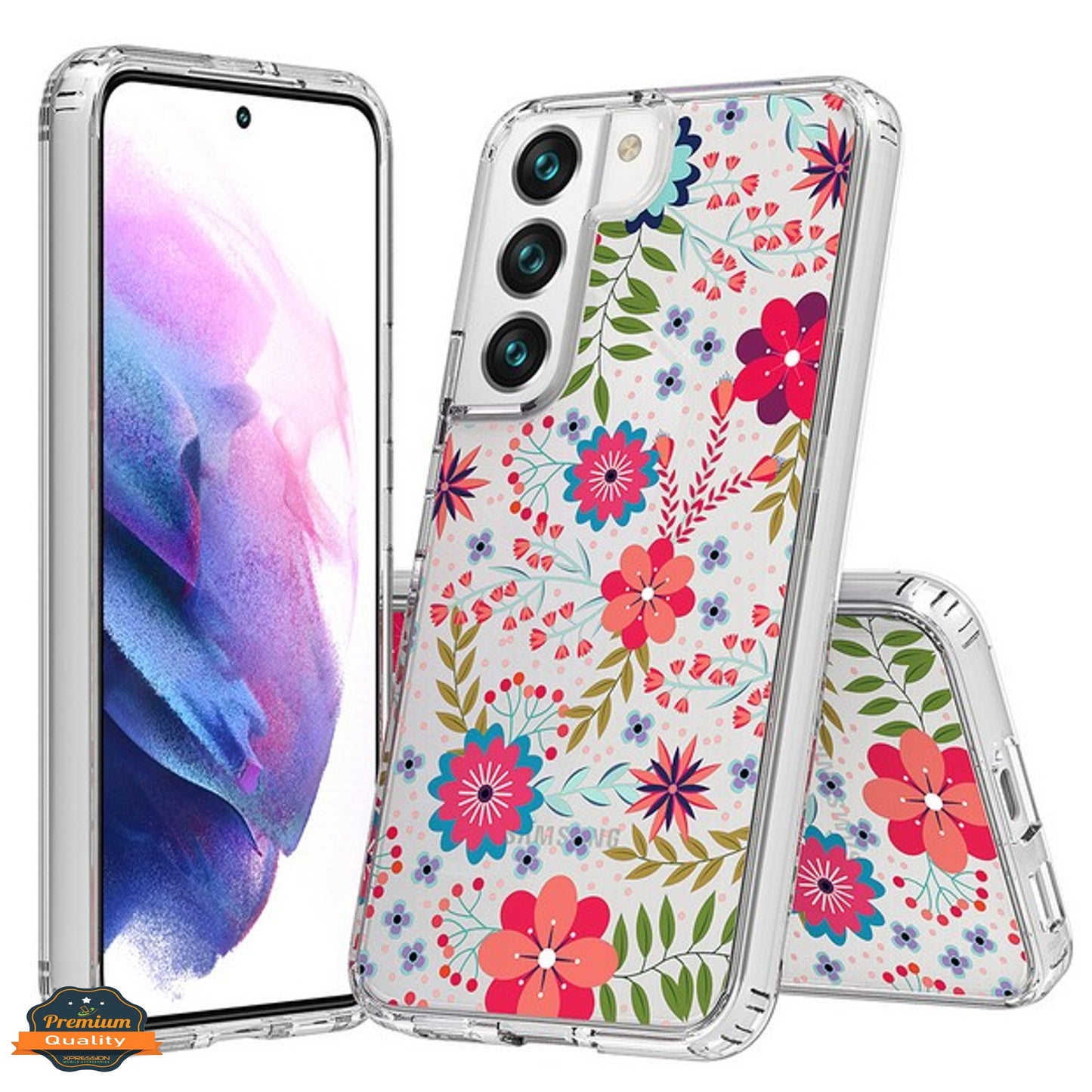 For Samsung Galaxy A26 Floral Pattern Hybrid Transparent TPU Silicone, Shock Absorption Bumper, Hard Back Slim Case Cover