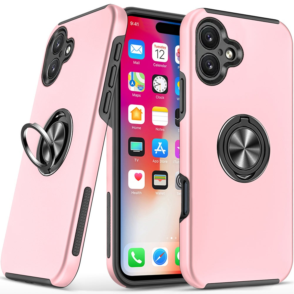 For Apple iPhone 16 (6.1") Hybrid Slim Kickstand with Metal Invisible Ring Stand Holder Fit Magnetic Car Mount Shockproof Case Cover