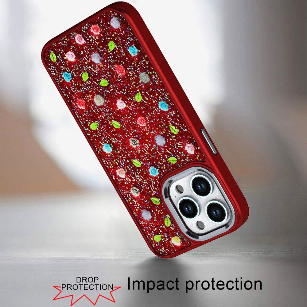For Samsung Galaxy A06 Floral Design Embedded Glass Diamond Fancy Fashion Glitter Bling Sparkly Hybrid Rugged TPU Bumper Case Cover