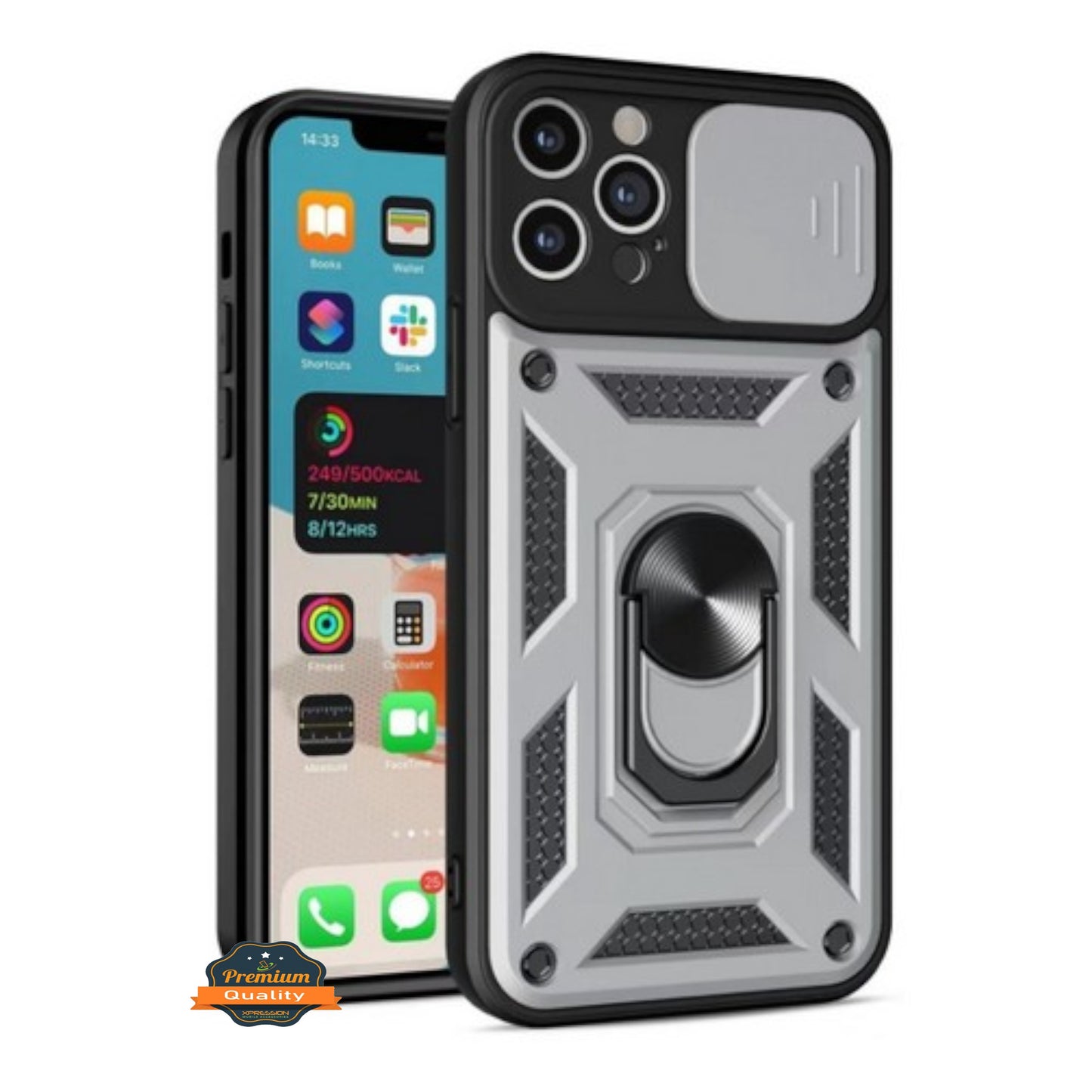 For Apple iPhone 15 (6.1") Built in Sliding Camera Lens Protection & Finger Ring Stand Holder Hybrid PC Shockproof Phone Case Cover