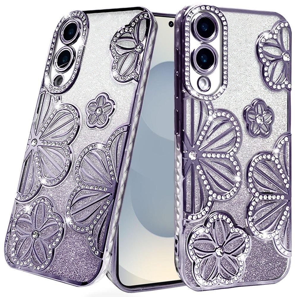 For Samsung Galaxy A26 Luxury Flower Design Sparkle Glitter Diamond Rhinestone Shimmer Bling Plating Thick TPU Hard PC Case Cover