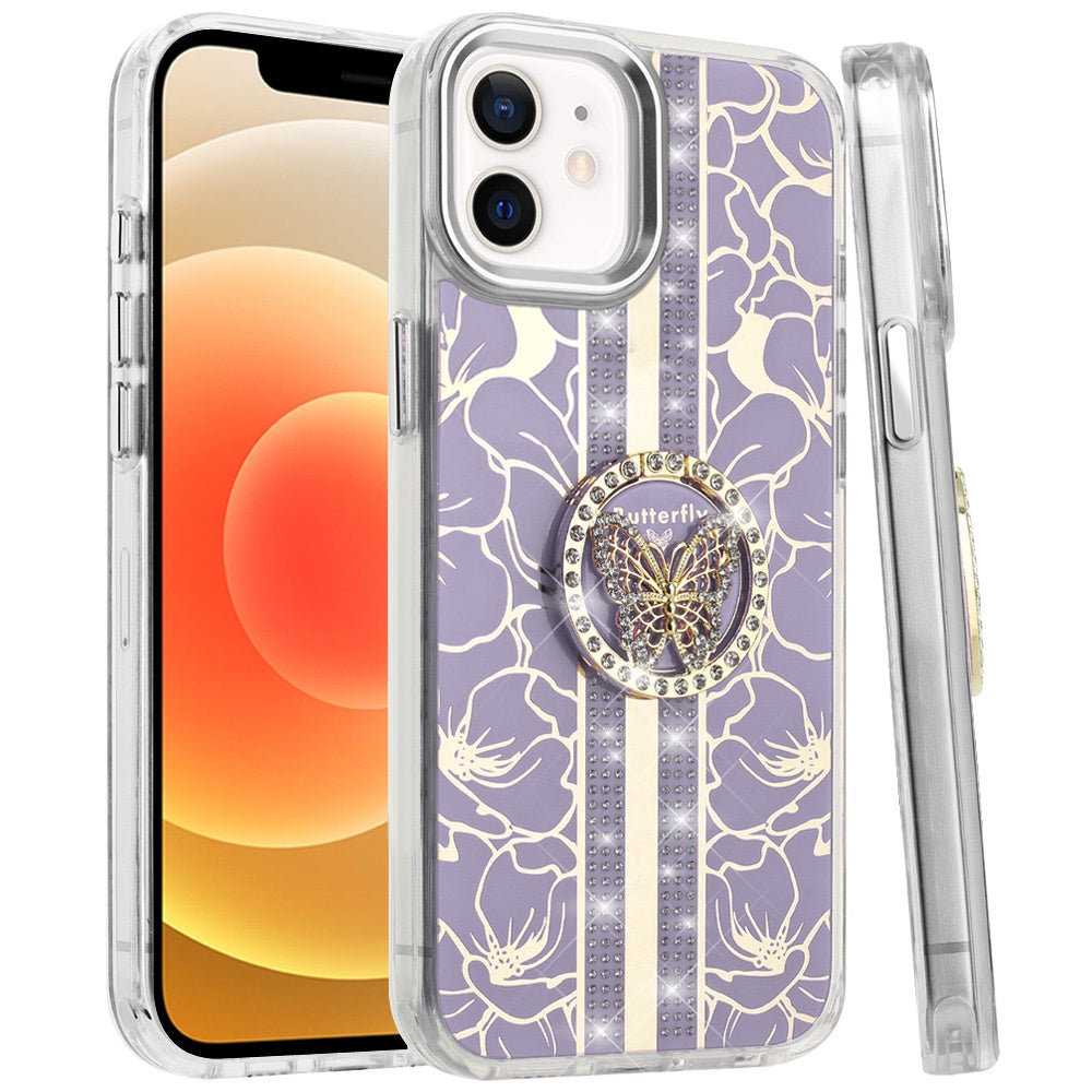 For Apple iPhone 15 Diamonds 3D Butterfly Floral Design Bling Sparkly Glitter Hybrid Metal Fashion with Ring Stand Case Cover