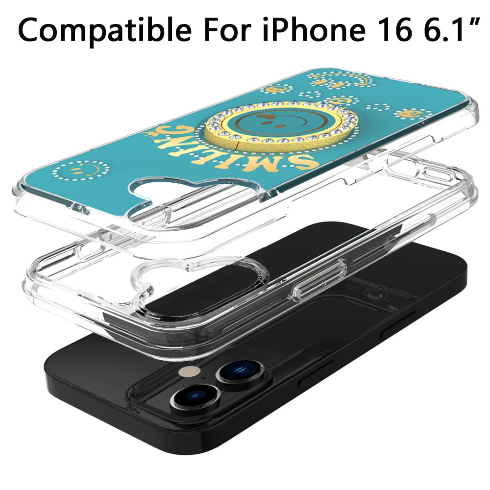 For Apple iPhone 16 (6.1") Smiling Glitter Ornament Bling Sparkle with Ring Stand Hybrid Slim TPU + Hard Back Shell Case Cover