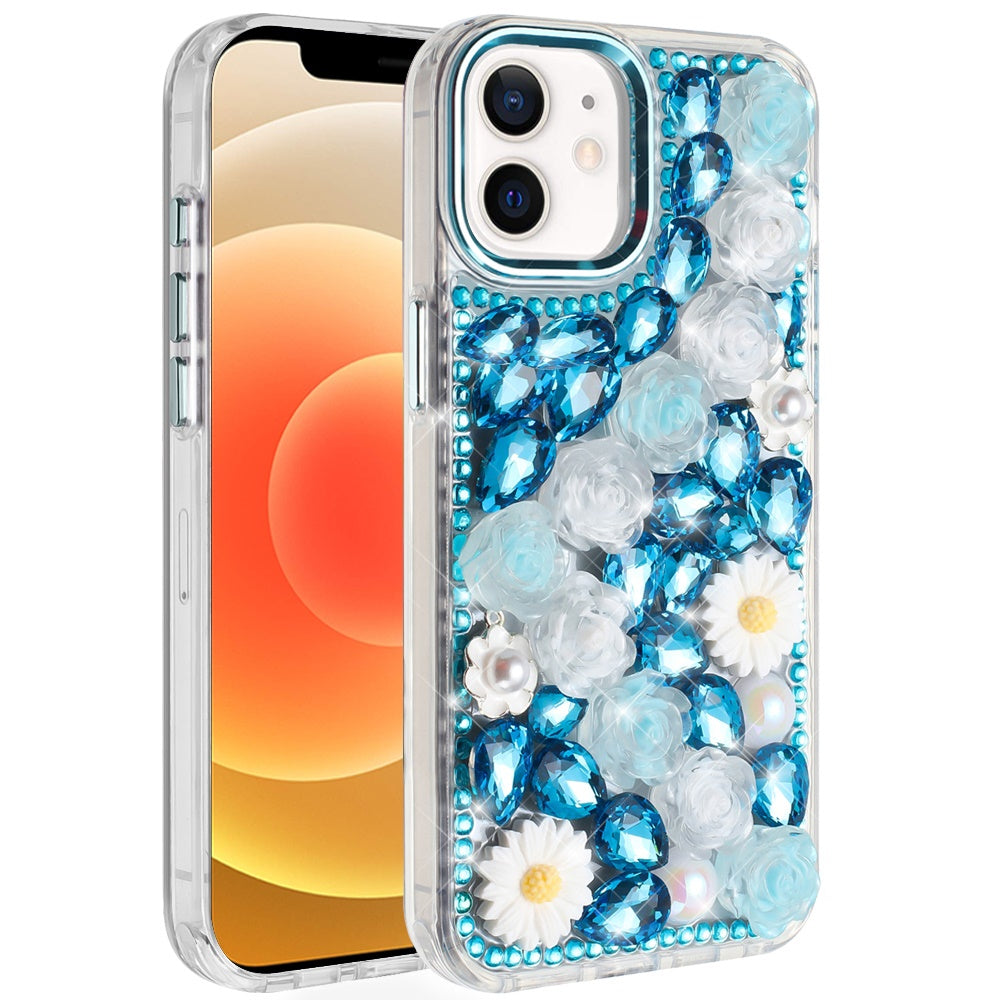 For Apple iPhone 12 /12 Pro Fashion Daisy Floral Series, Full 3D Bling Crystal Diamonds Sparkling Rhinestone Glitter Hybrid Design Case Cover