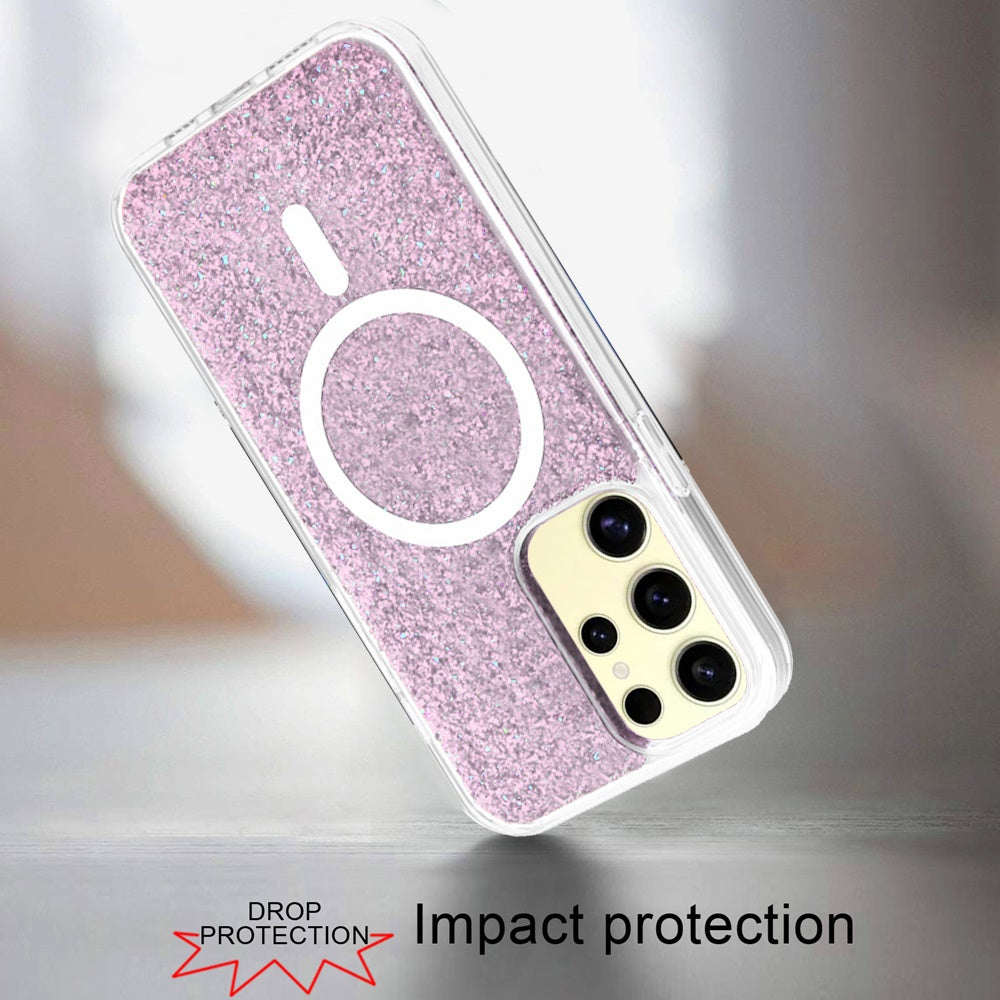 For Samsung Galaxy S25+ /S25 Plus /S24+ Plus Hybrid Epoxy Glitter Shiny Flower Design Stylish Fashion Case, Magnetic MagSafe Compatible, Shockproof Case Cover