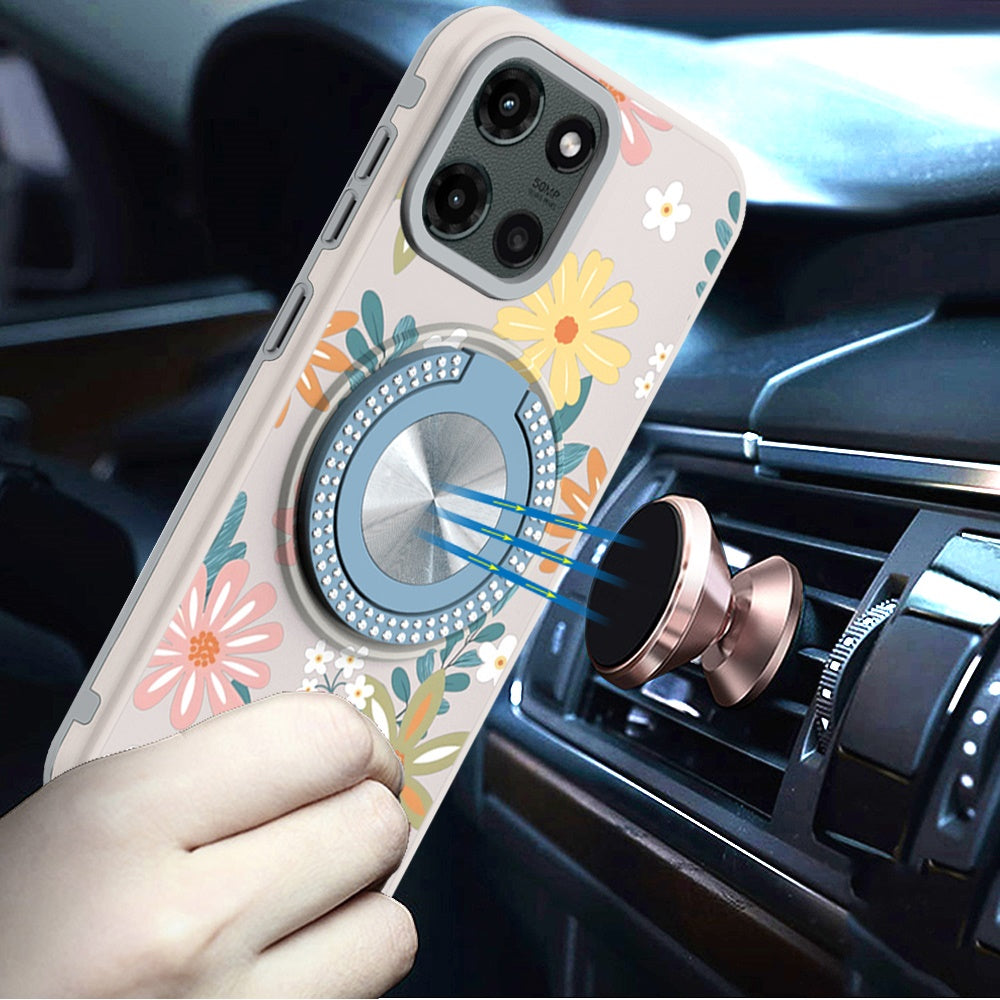 For Samsung Galaxy A16 Pattern Design Hybrid with Invisible Ring Stand & Magnetic Back, Shockproof Protective Grip Case Cover Summer Blossom Flowers
