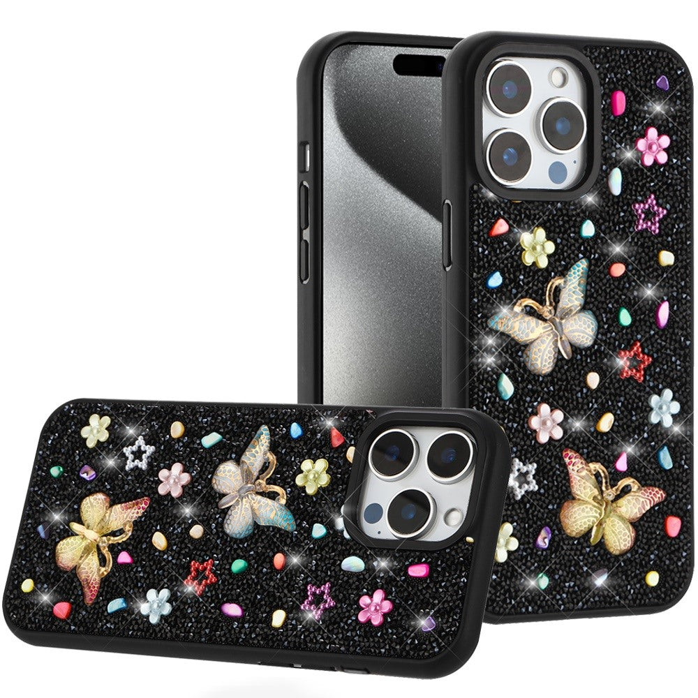 For Apple iPhone 15 Pro Max Diamond Butterfly 3D Glitter Bling Design, Slim Hybrid Sparkle Protective Cover TPU for Women Girls Case Cover