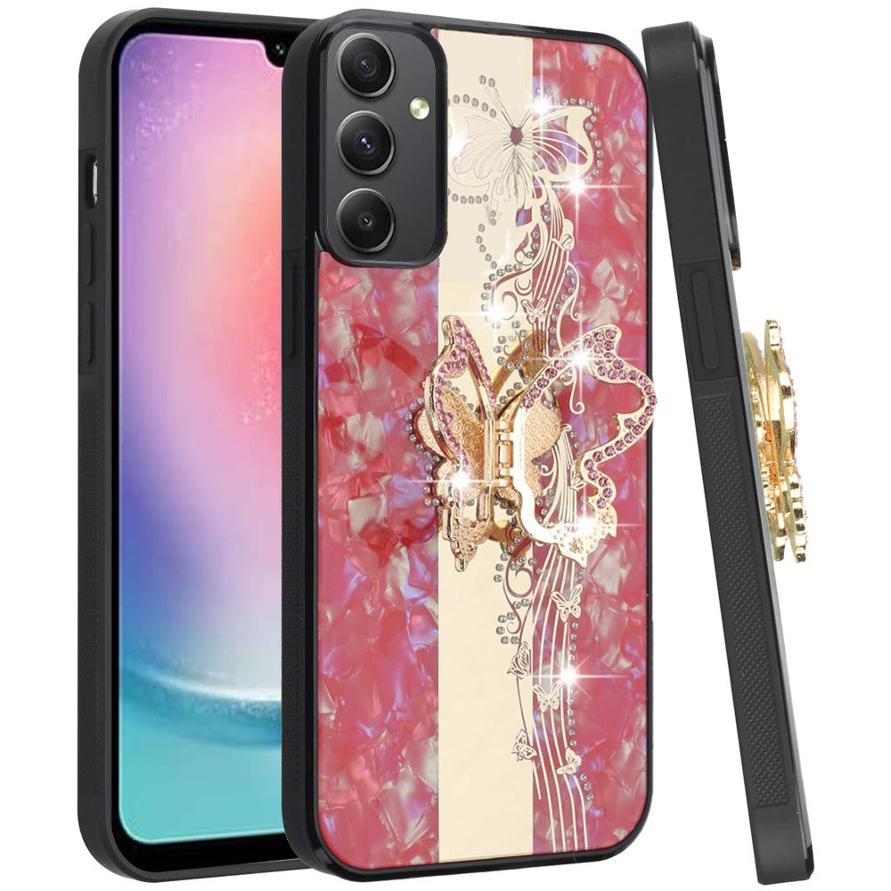 For Samsung Galaxy A16 5G Diamond Bling Sparkly 3D Ornaments Engraving Hybrid with Ring Stand Fashion Case Cover