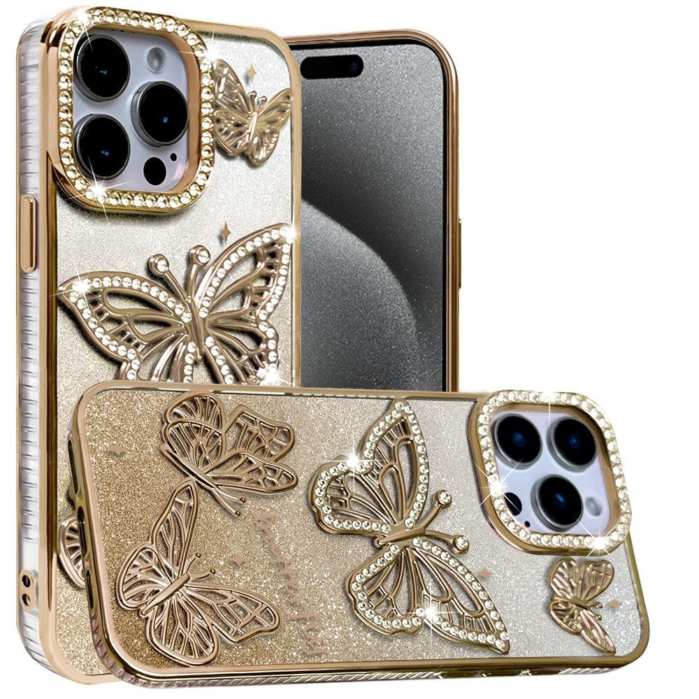 For Apple iPhone 16 Pro Max (6.9") Luxury Butterfly Sparkle Glitter Diamond Crystal Rhinestone Shimmer Bling Plating Thick TPU Hard PC Case Cover