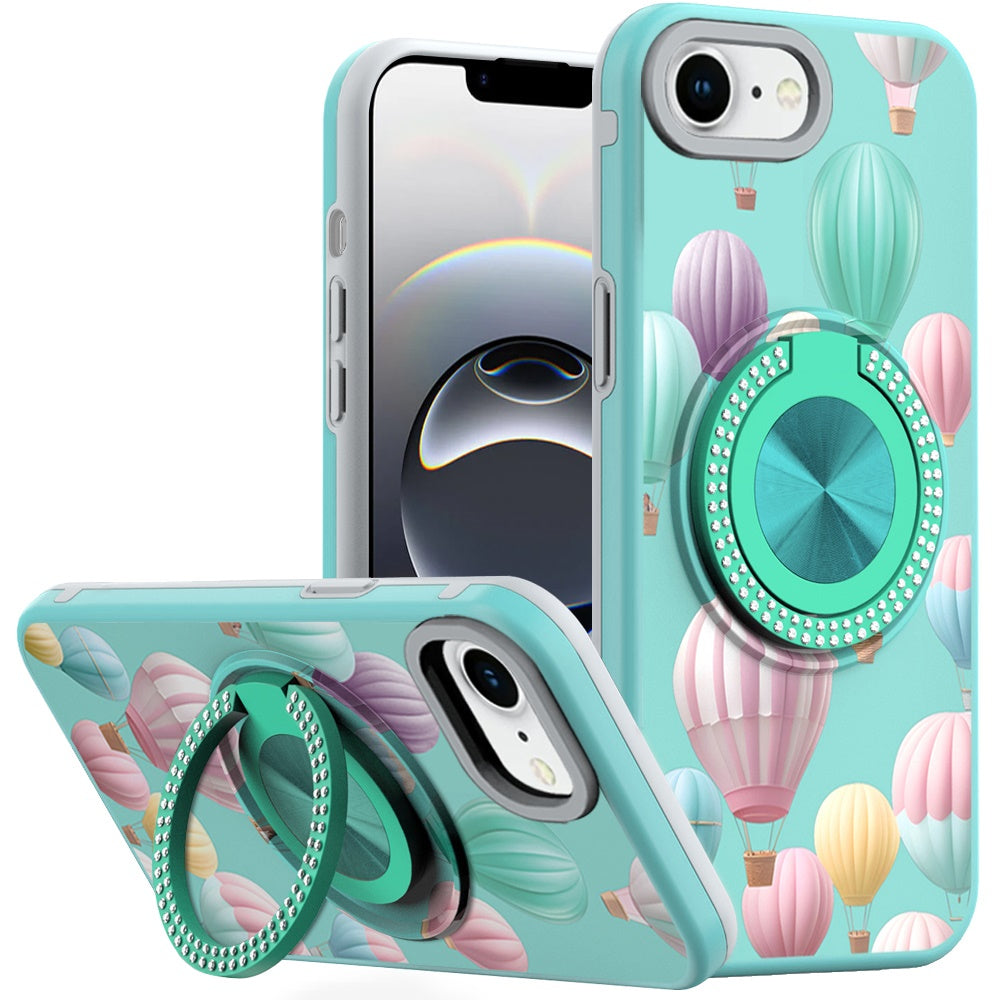 For Apple iPhone 16e Pattern Design Hybrid with Invisible Ring Stand & Magnetic Back, Shockproof Protective Grip Case Cover