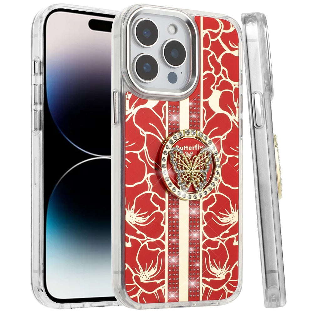 For Samsung Galaxy S25 EDGE Diamonds 3D Butterfly Floral Design Bling Sparkly Glitter Hybrid Metal Fashion with Ring Stand Case Cover
