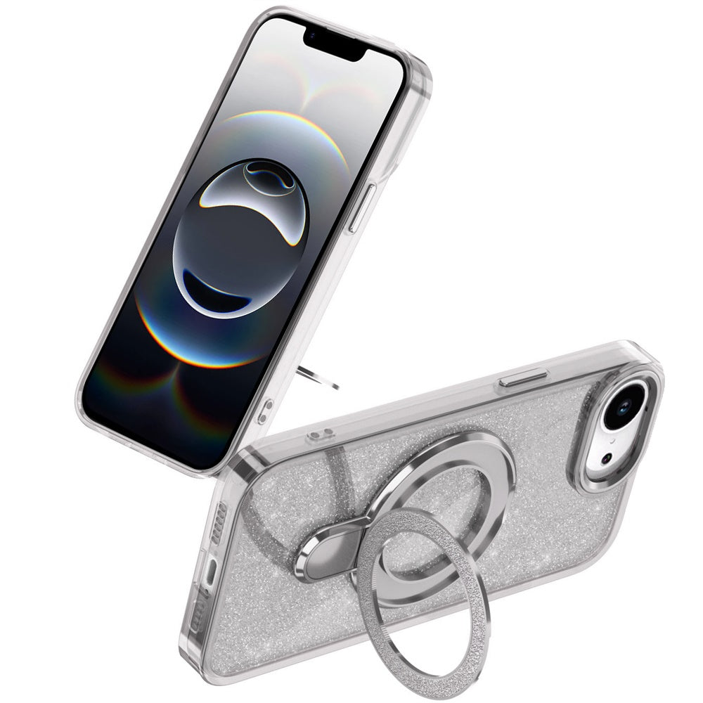 For Apple iPhone 16e Transparent Glitter Bling Case with Rotating Magnetic Ring Stand, Shockproof Hybrid Case Cover
