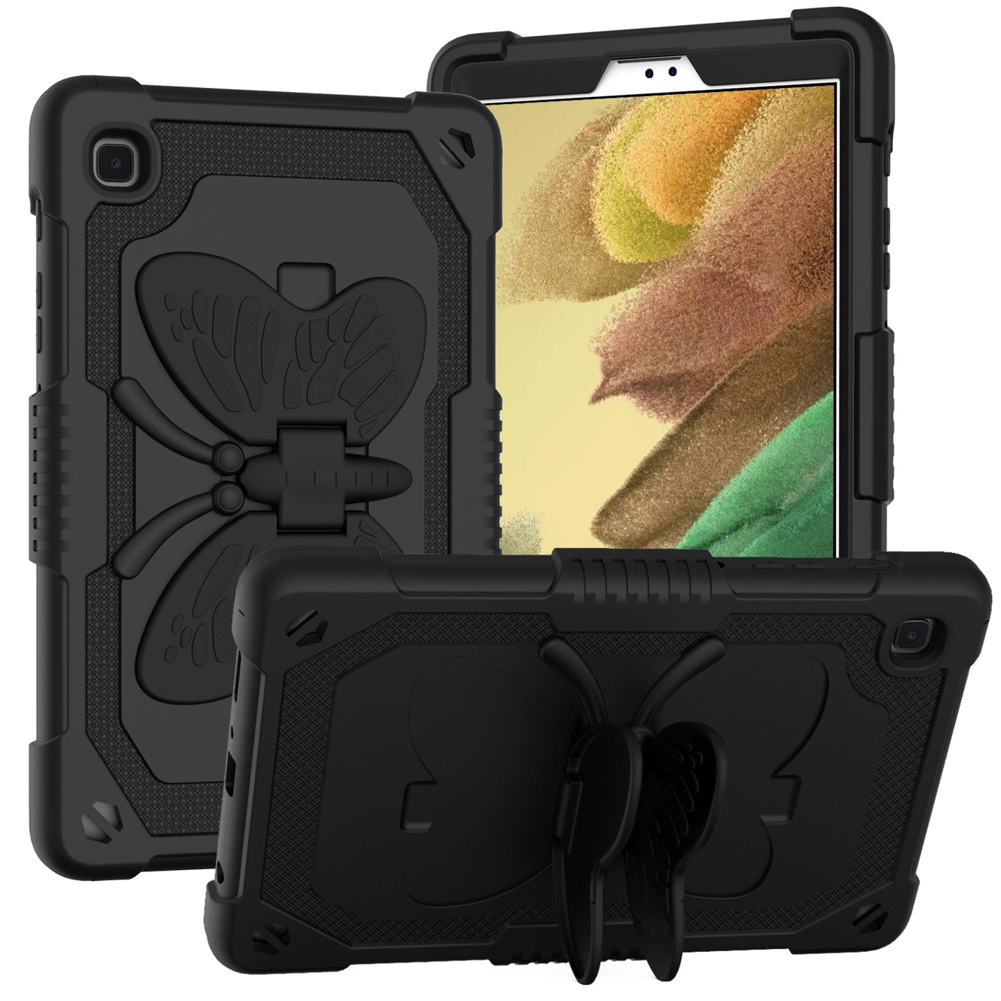 For Butterfly Wings Kickstand 3in1 Tough Hybrid with Pencil Holder Heavy Duty Rugged Shockproof Full Protective Black Tablet Case Cover