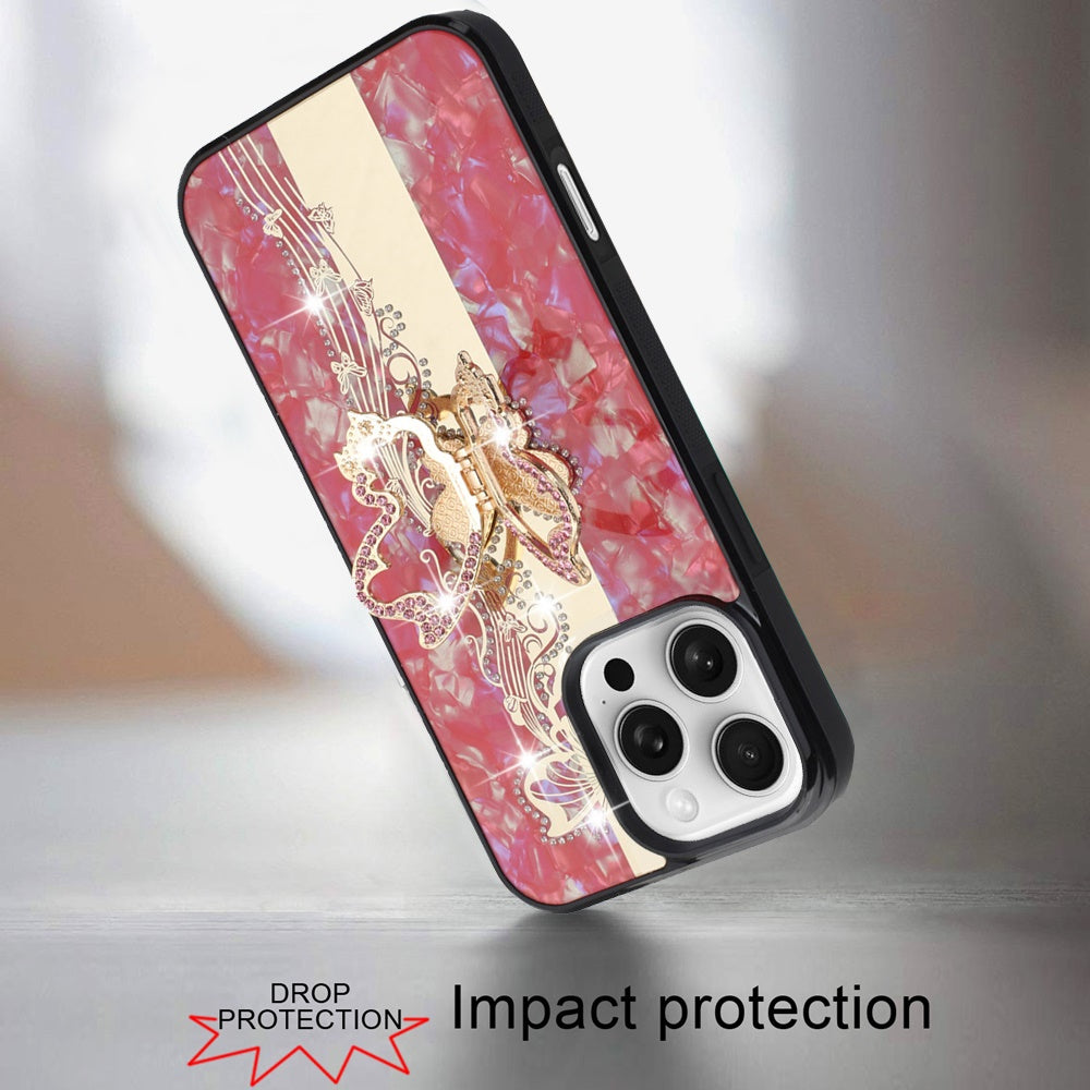 For Apple iPhone 16 Pro (6.3") Diamond Bling Sparkly 3D Back Ornaments Engraving Hybrid with Stand Fashion Case Cover Enchanted Butterfly Red