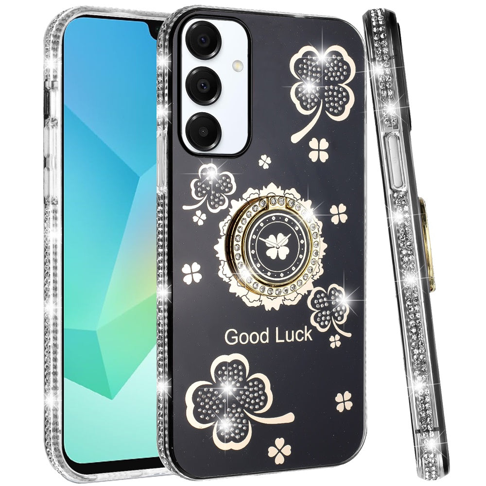 For Samsung Galaxy A16 5G Diamonds Bling All Around Edges Sparkly Glitter Hybrid with Ring Stand Holder Fashion Good Luck Case Cover