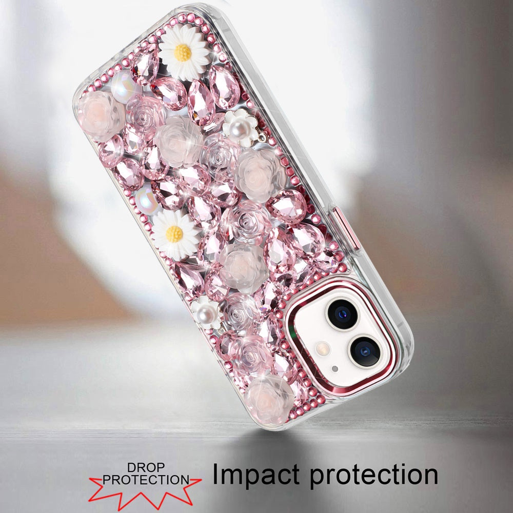 For Samsung Galaxy A36 Fashion Daisy Floral Series, Full 3D Bling Crystal Diamonds Sparkling Rhinestone Glitter Hybrid Design Case Cover Pink