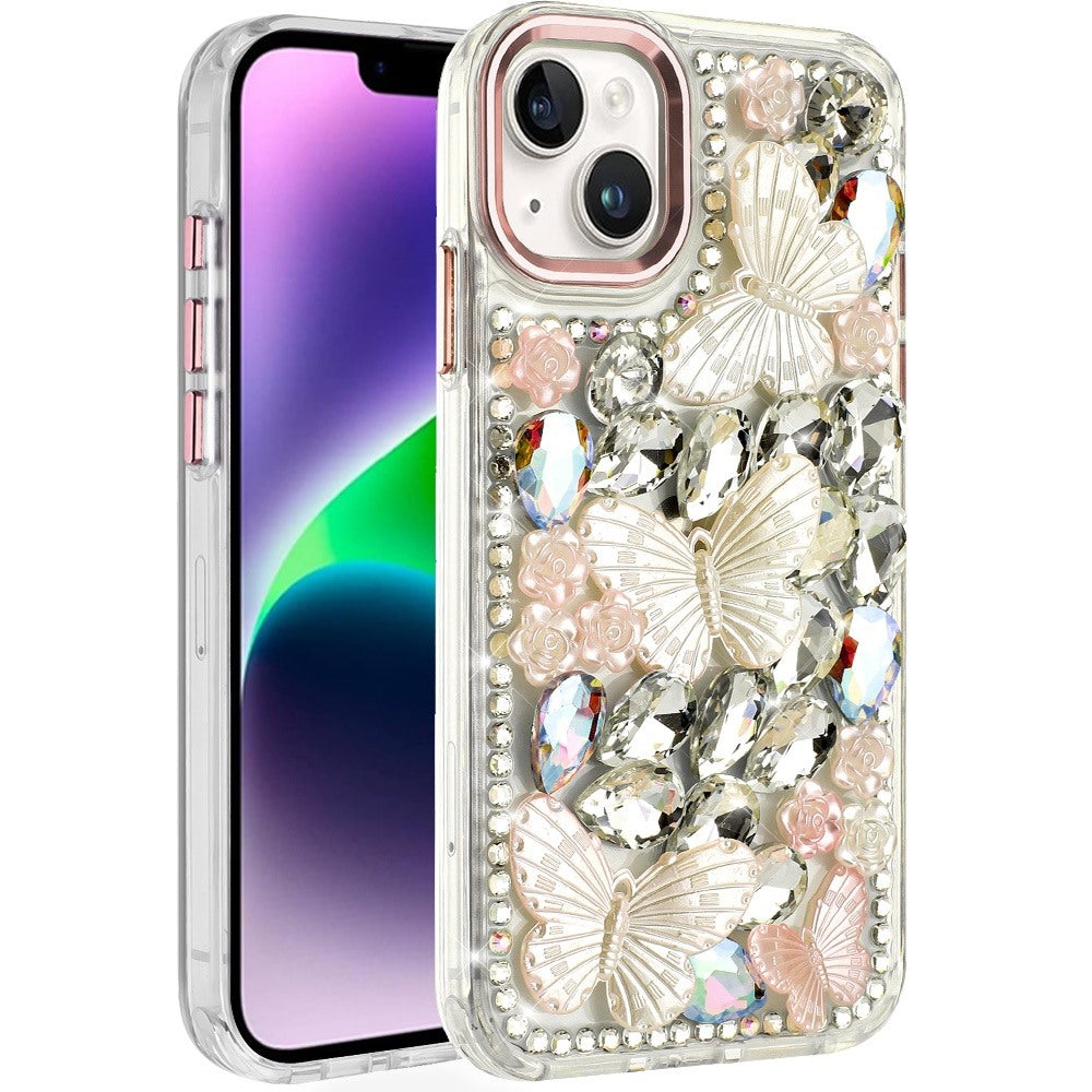 For Apple iPhone 11 3D Diamond Floral Butterfly Bling Stone Hybrid, Sparkly Rhinestone Gemstone Back Shockproof Case Cover