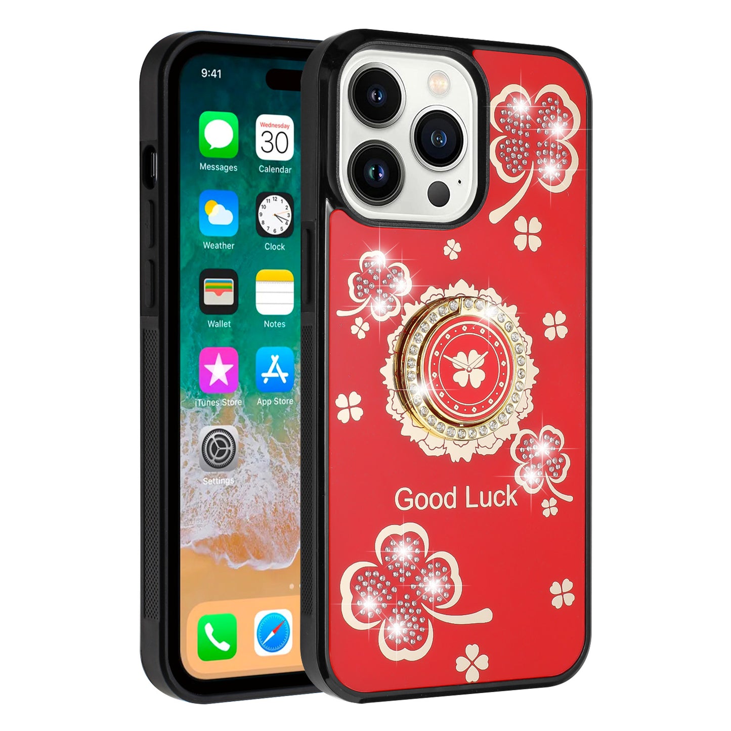 For Apple iPhone 16 Pro Max (6.9") Diamonds 3D Bling Sparkly Glitter Ornaments Engraving Hybrid Fashion Ring Stand Case Cover