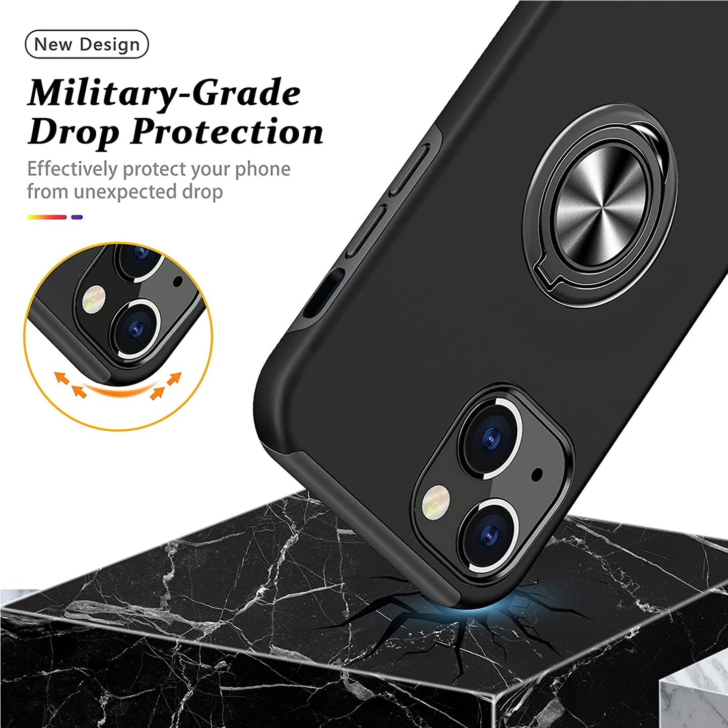 For Gabb Phone 4 Pro Military Grade Hybrid Case with Flat Metal Ring 360° Rotation Kickstand, Slim Fit Back Hard PC Case Cover Black