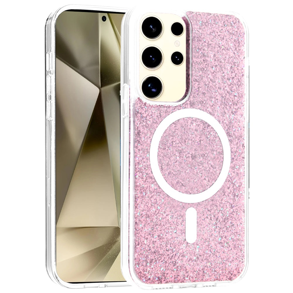 For Samsung Galaxy S25+ /S25 Plus /S24+ Plus Hybrid Epoxy Glitter Shiny Flower Design Stylish Fashion Case, Magnetic MagSafe Compatible, Shockproof Case Cover